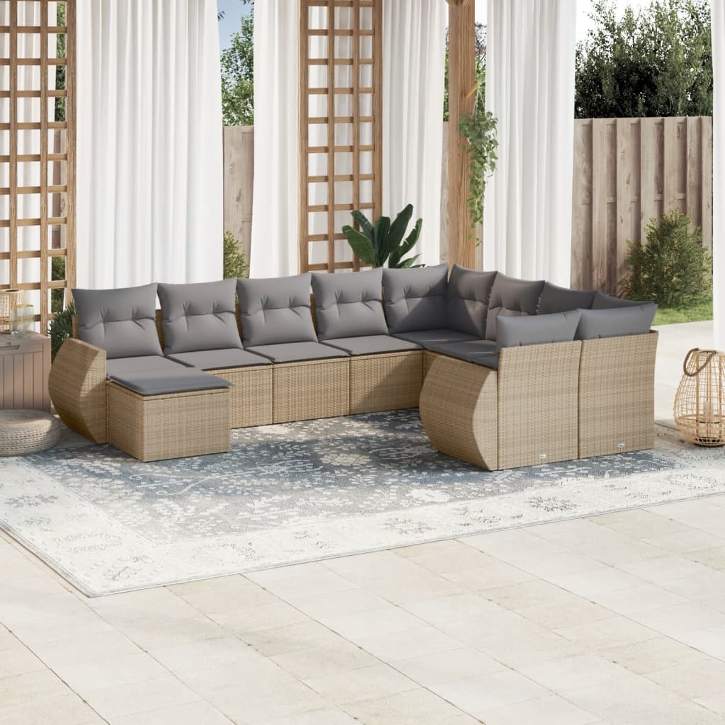 10-delige Loungeset met kussens poly rattan grijs