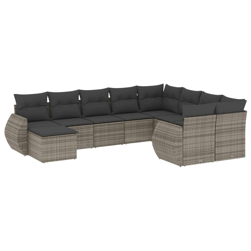 10-delige Loungeset met kussens poly rattan grijs