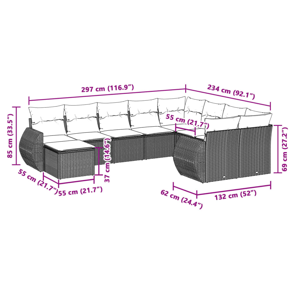 10-delige Loungeset met kussens poly rattan grijs