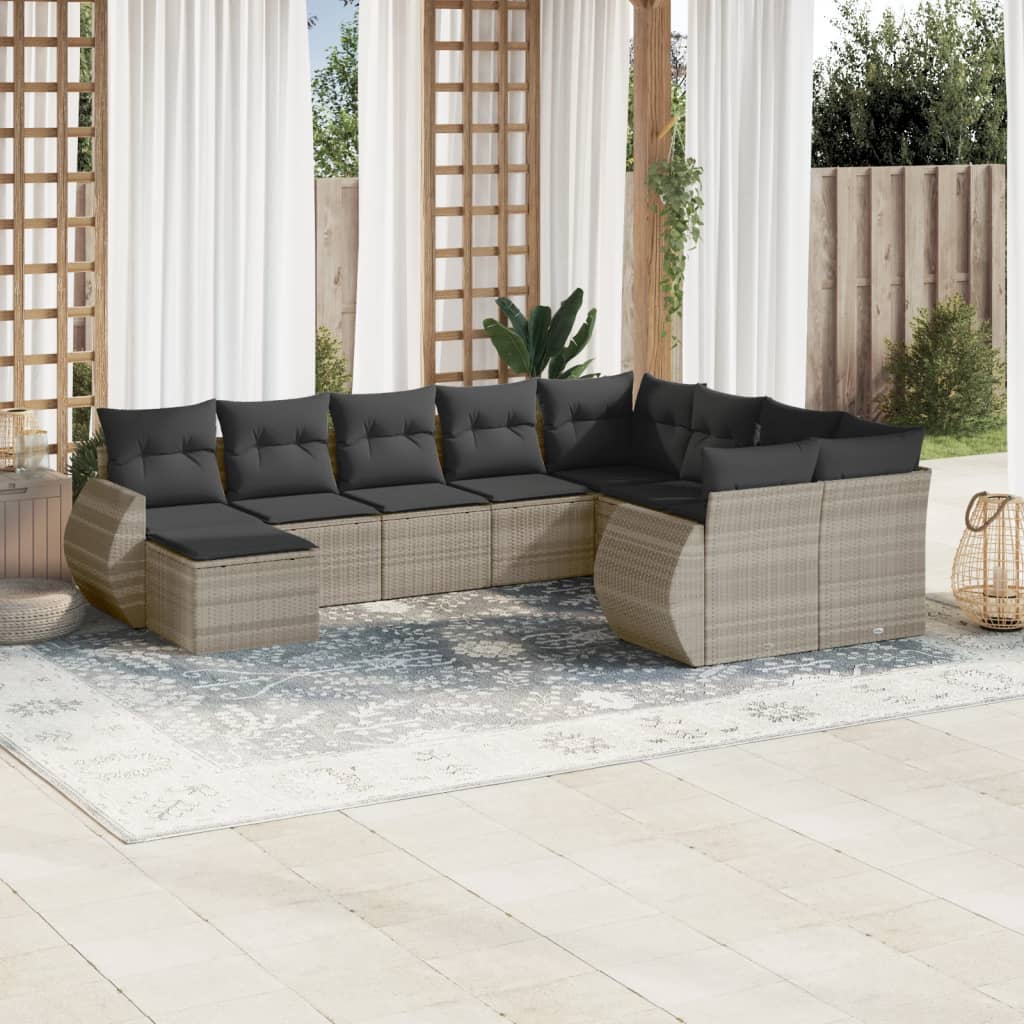 10-delige Loungeset met kussens poly rattan grijs