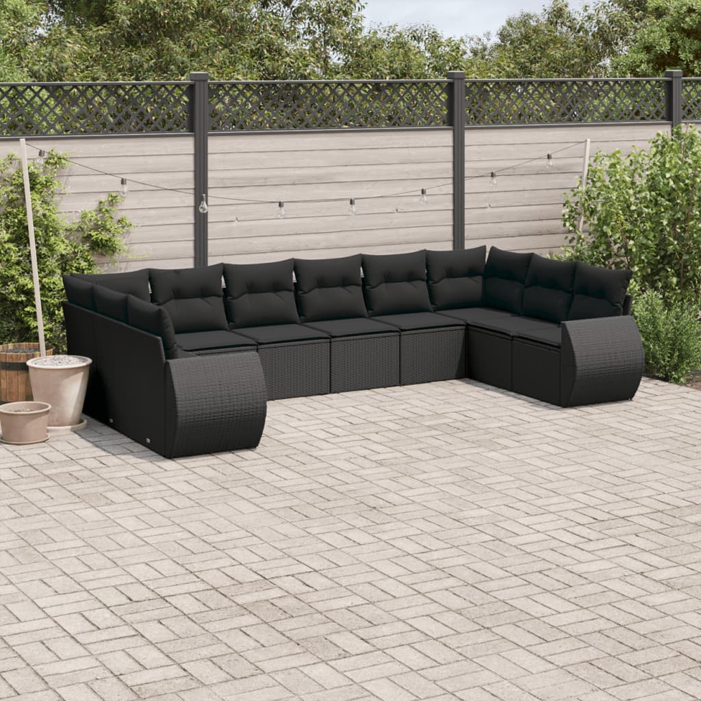 11-delige Loungeset met kussens poly rattan zwart