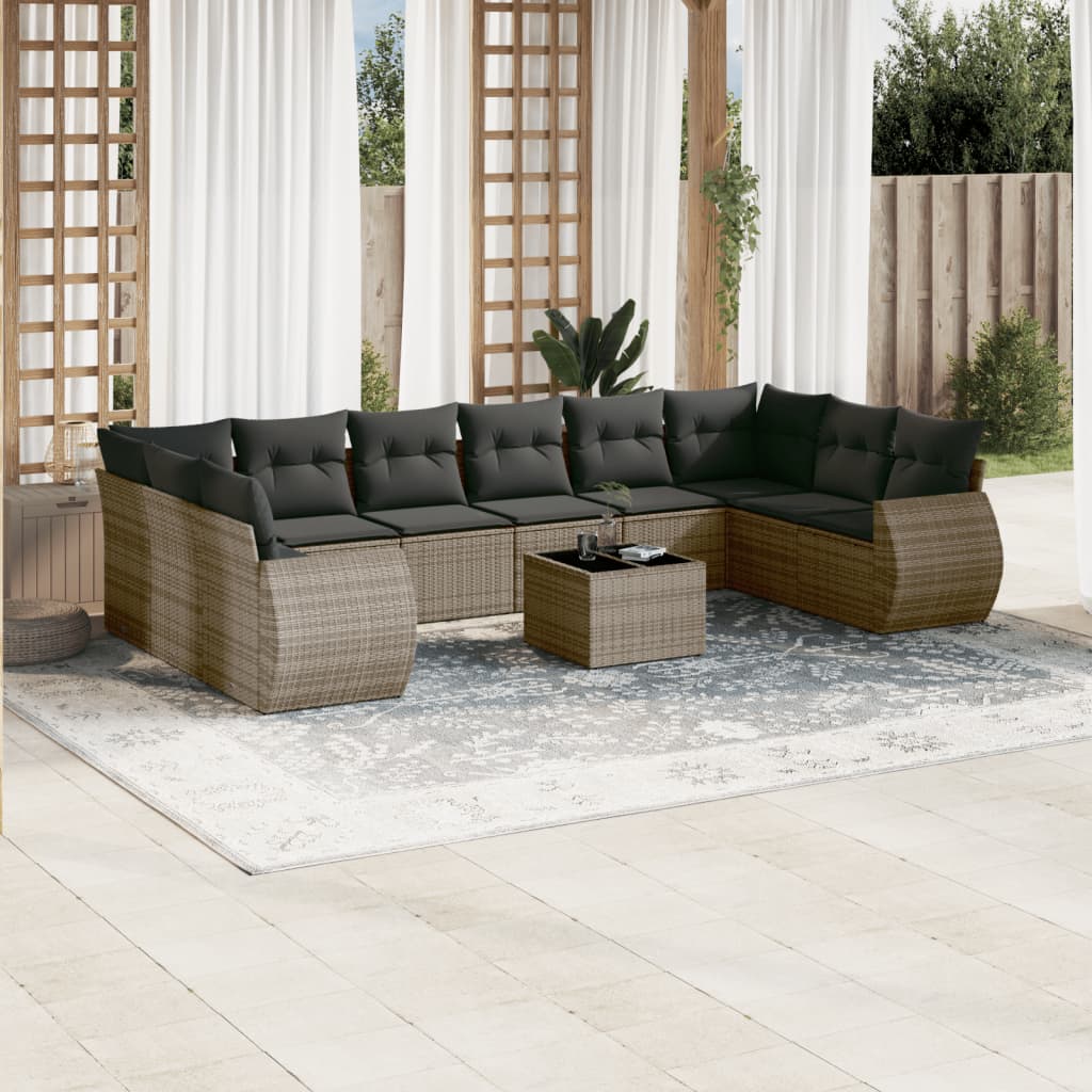 11-delige Loungeset met kussens poly rattan zwart