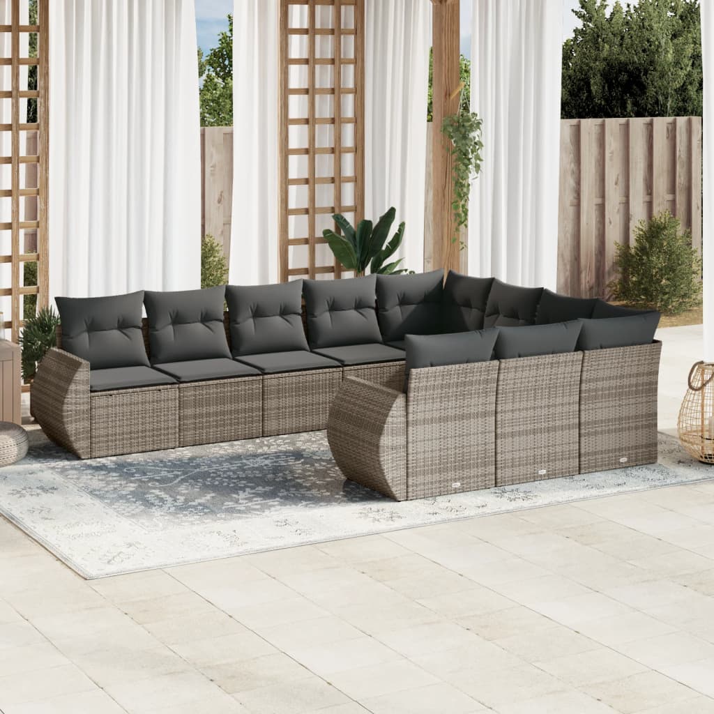 10-delige Loungeset met kussens poly rattan zwart