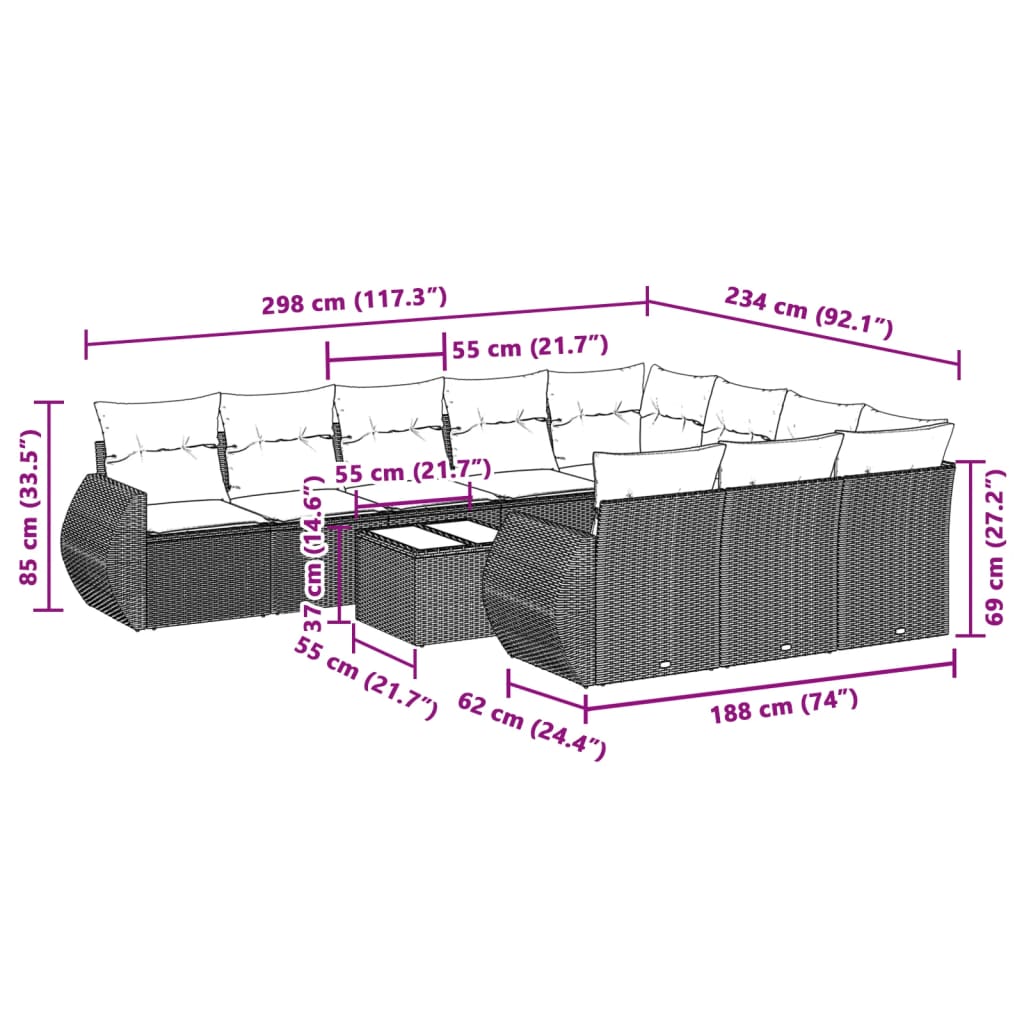 10-delige Loungeset met kussens poly rattan zwart