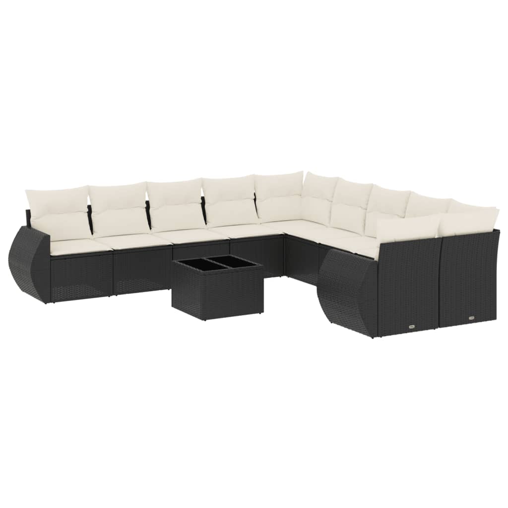 11-delige Loungeset met kussens poly rattan zwart