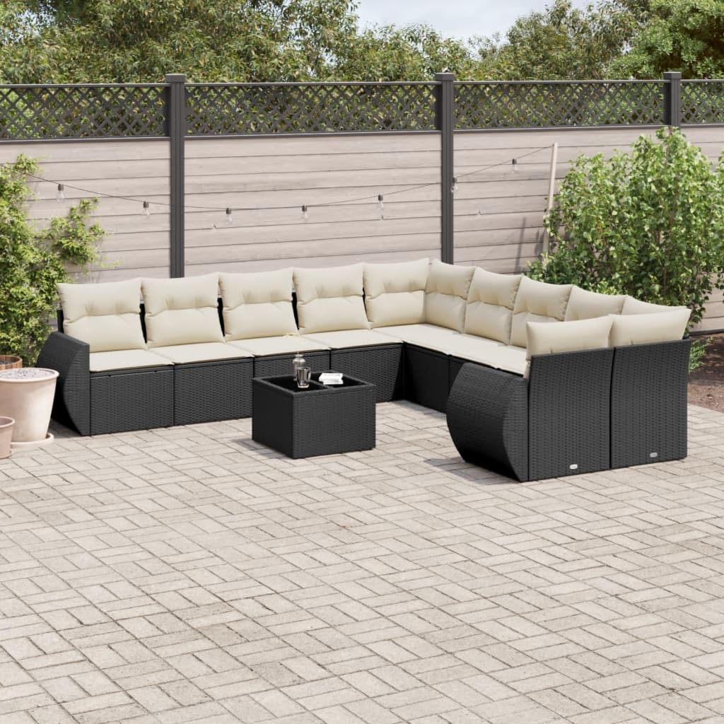 11-delige Loungeset met kussens poly rattan zwart