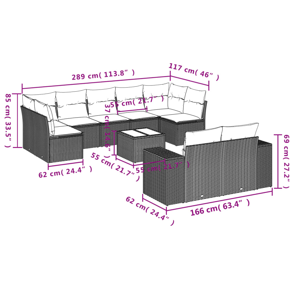 10-delige Loungeset met kussens poly rattan zwart