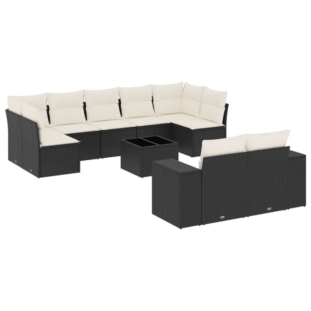 10-delige Loungeset met kussens poly rattan zwart