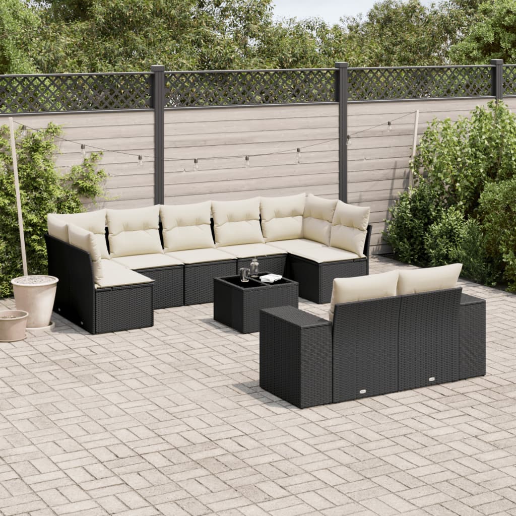 10-delige Loungeset met kussens poly rattan zwart