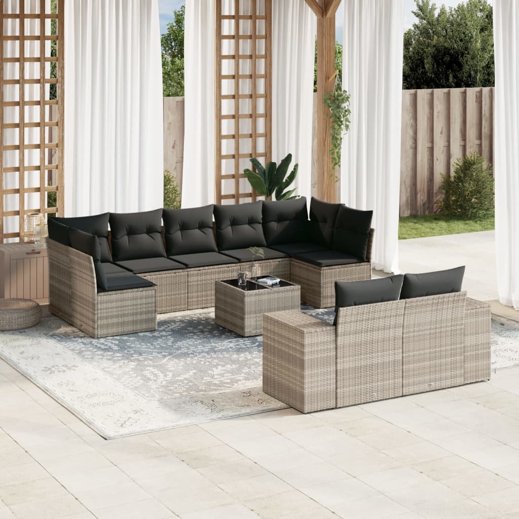 10-delige Loungeset met kussens poly rattan zwart