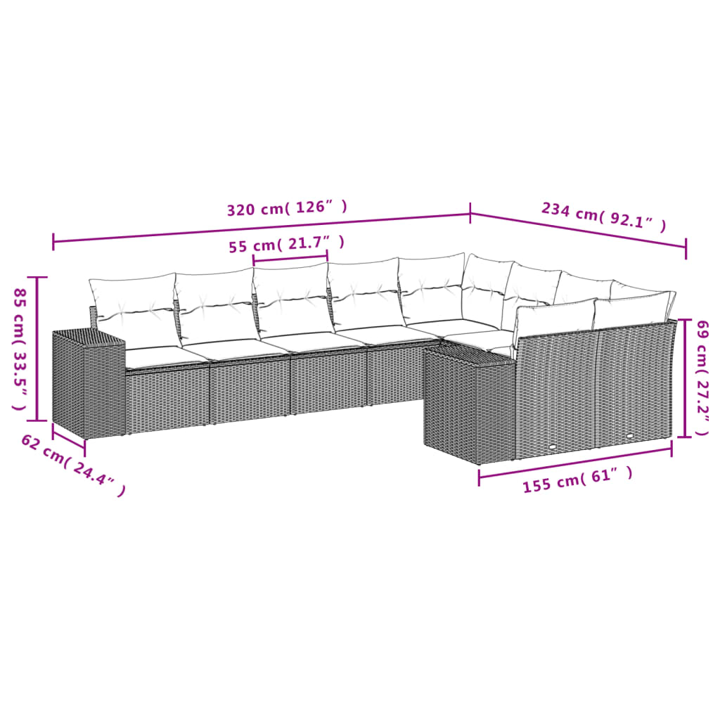 10-delige Loungeset met kussens poly rattan lichtgrijs