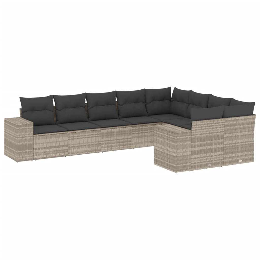 10-delige Loungeset met kussens poly rattan lichtgrijs