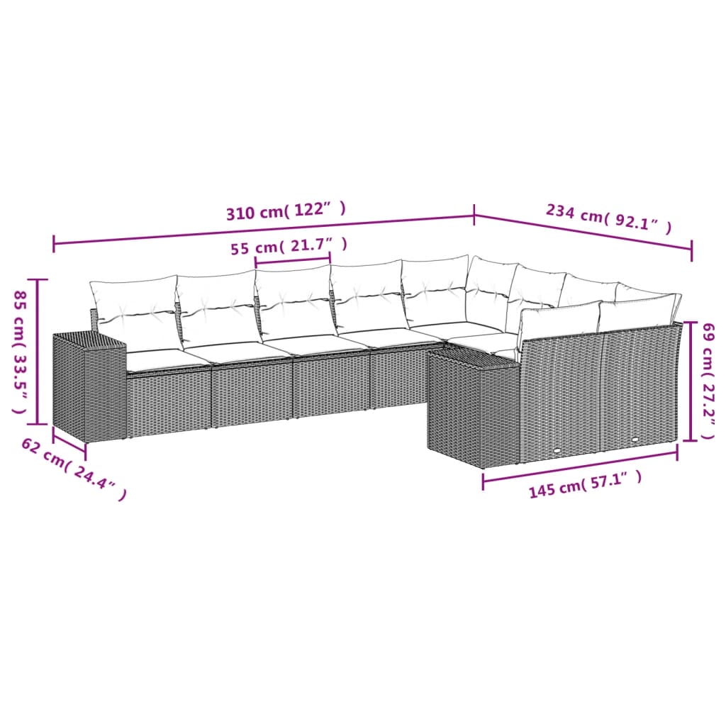 10-delige Loungeset met kussens poly rattan lichtgrijs