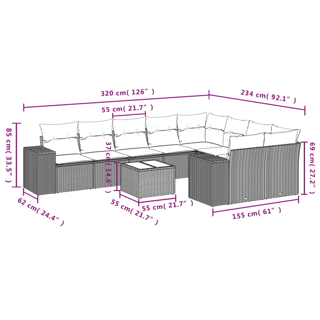 10-delige Loungeset met kussens poly rattan lichtgrijs