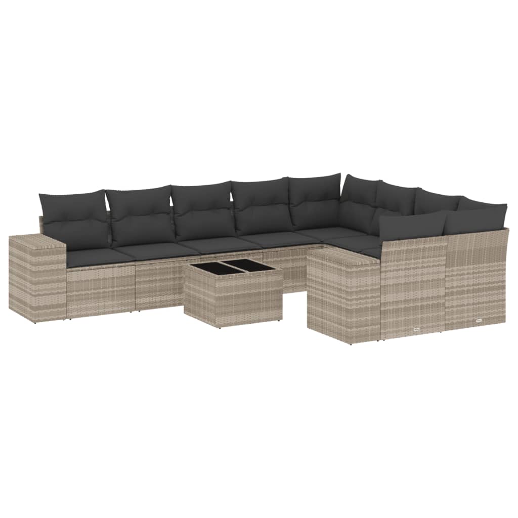 10-delige Loungeset met kussens poly rattan lichtgrijs