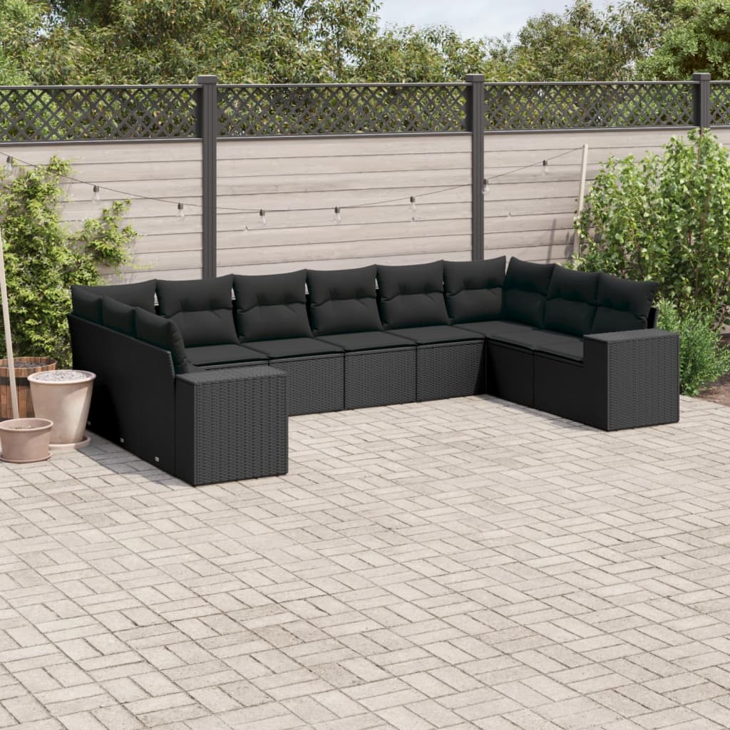 10-delige Loungeset met kussens poly rattan zwart