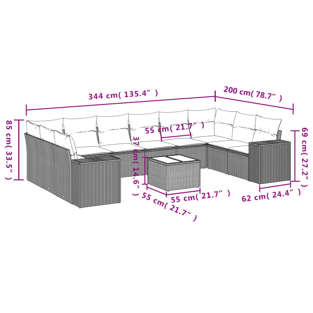 10-delige Loungeset met kussens poly rattan zwart