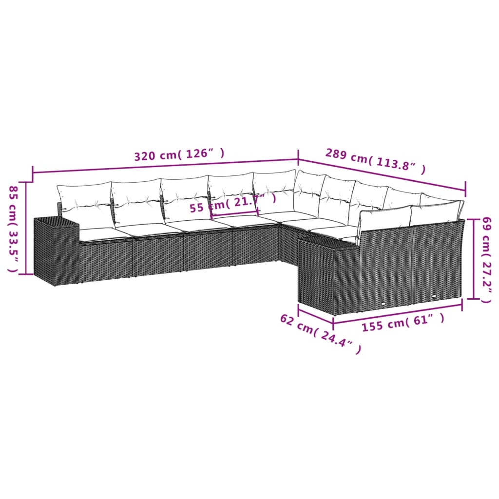 11-delige Tuinset met kussens poly rattan beige