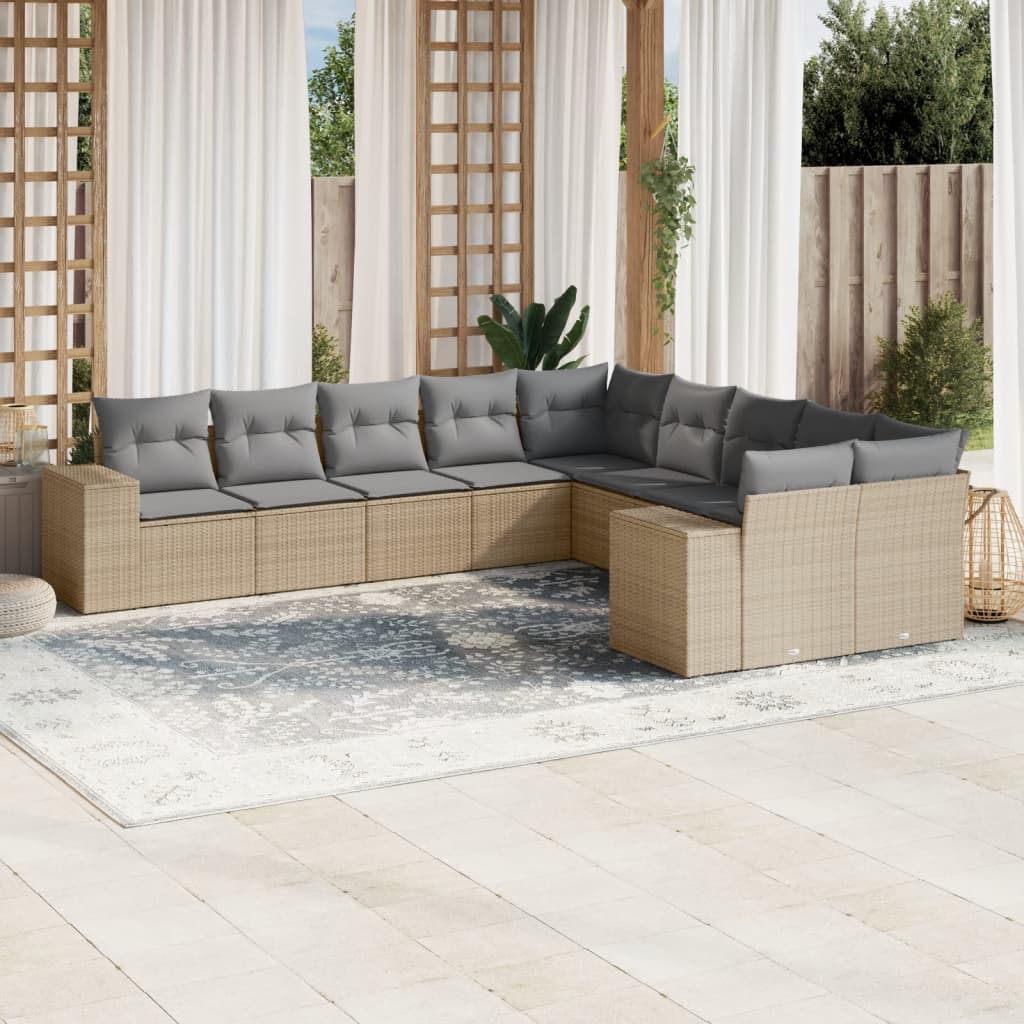 11-delige Tuinset met kussens poly rattan beige