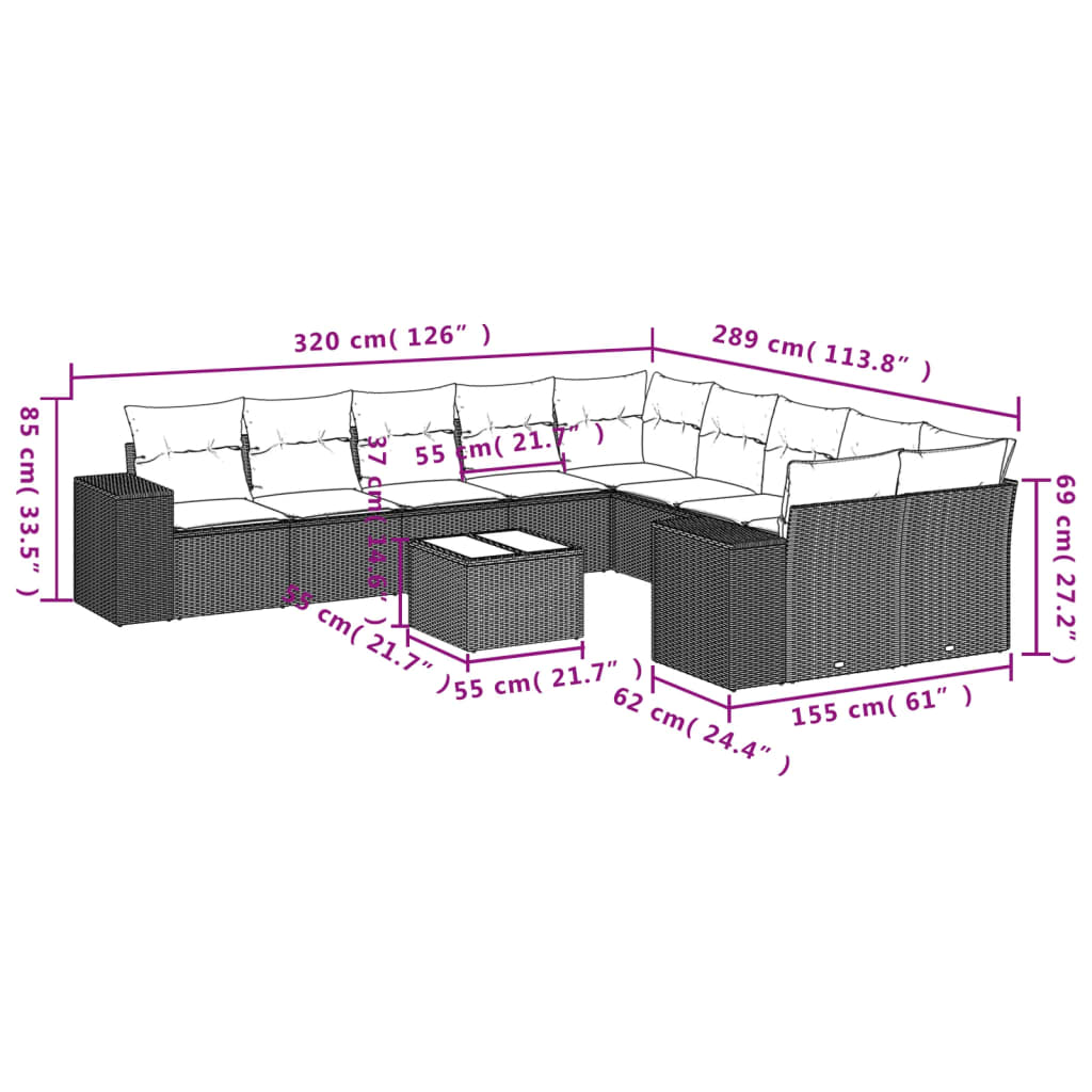 11-delige Tuinset met kussens poly rattan beige