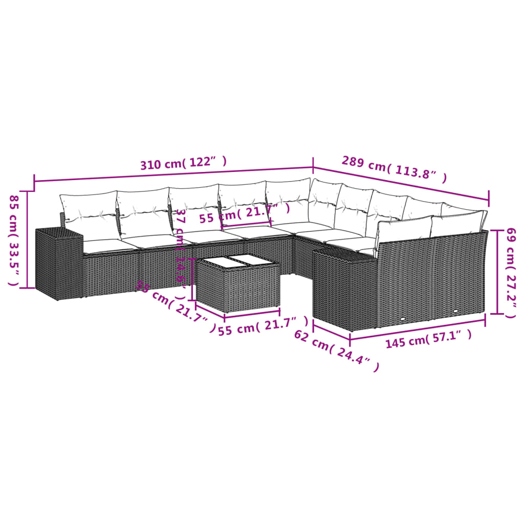 11-delige Tuinset met kussens poly rattan beige