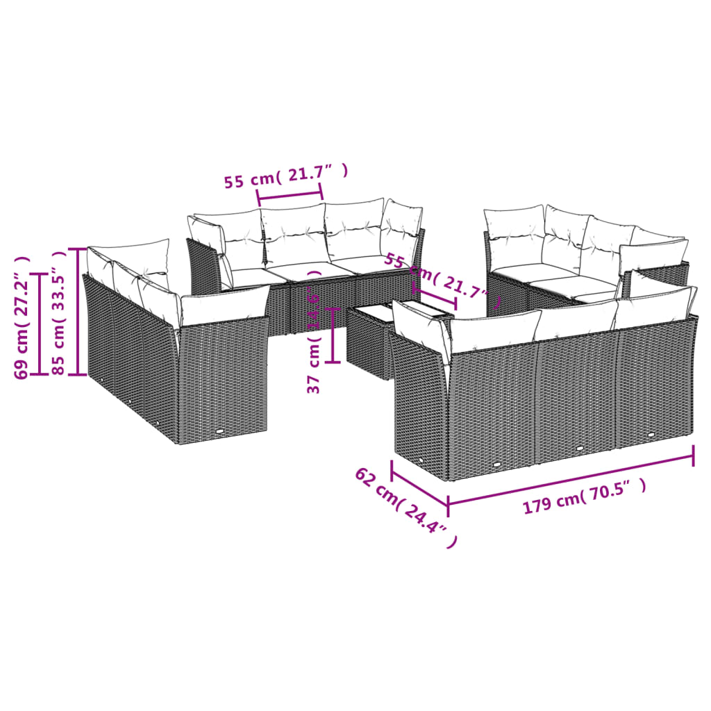 12-delige Loungeset met kussens poly rattan bruin