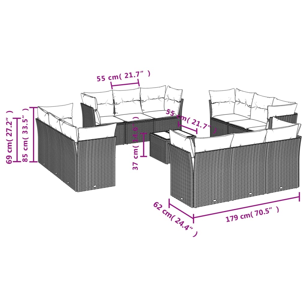 12-delige Loungeset met kussens poly rattan