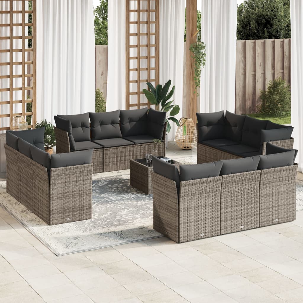 13-delige Loungeset met kussens poly rattan grijs