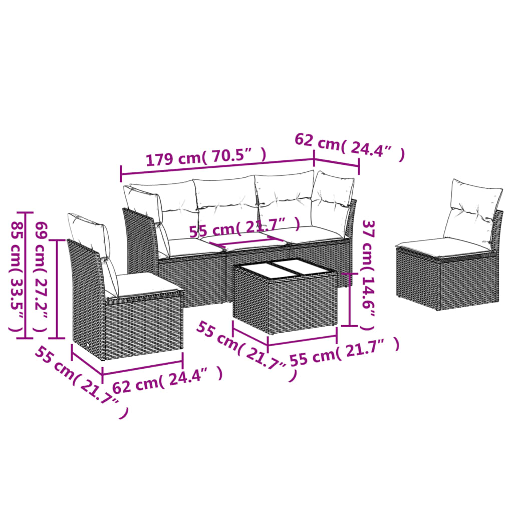 6-delige Loungeset met kussens poly rattan