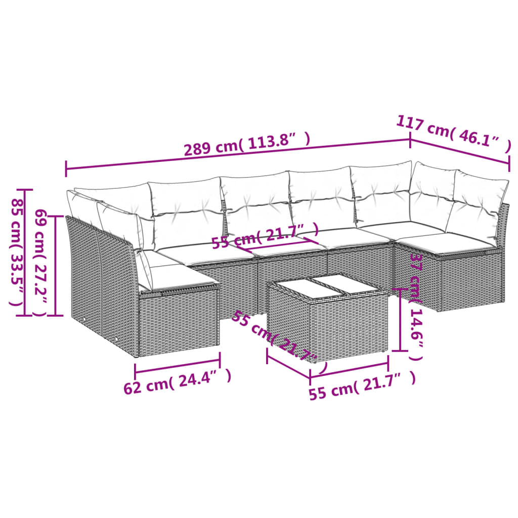 8-delige Loungeset met kussens poly rattan