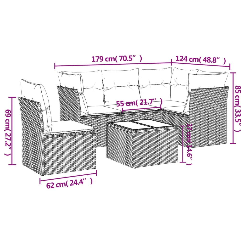 6-delige Loungeset met kussens poly rattan