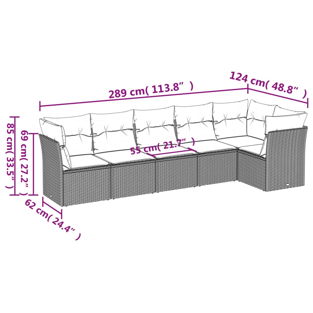 6-delige Loungeset met kussens poly rattan