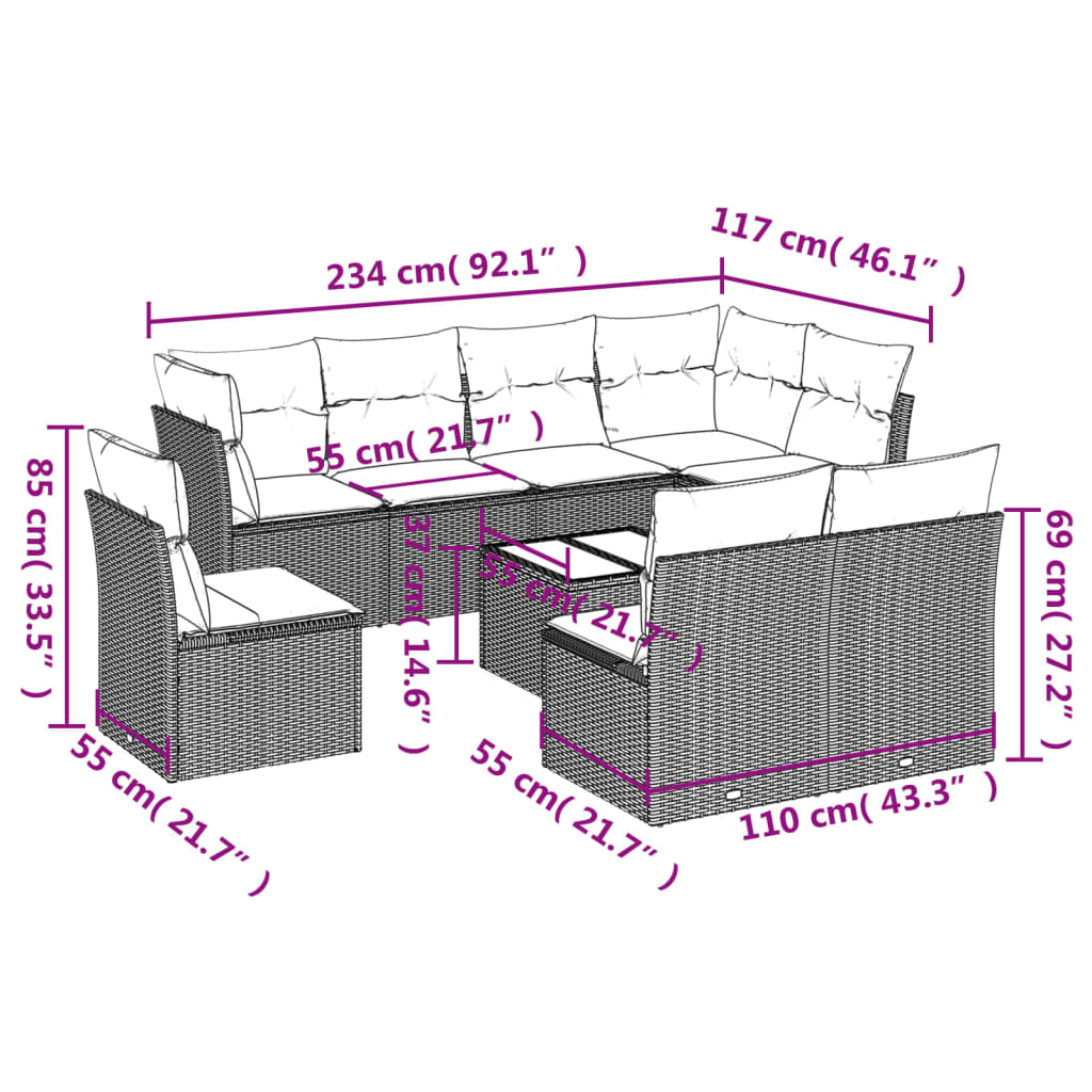 8-delige Loungeset met kussens poly rattan