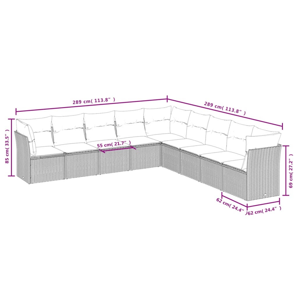 10-delige Loungeset met kussens poly rattan beige