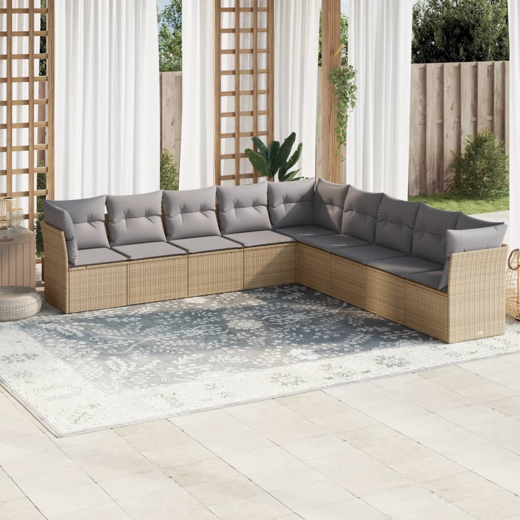 10-delige Loungeset met kussens poly rattan beige