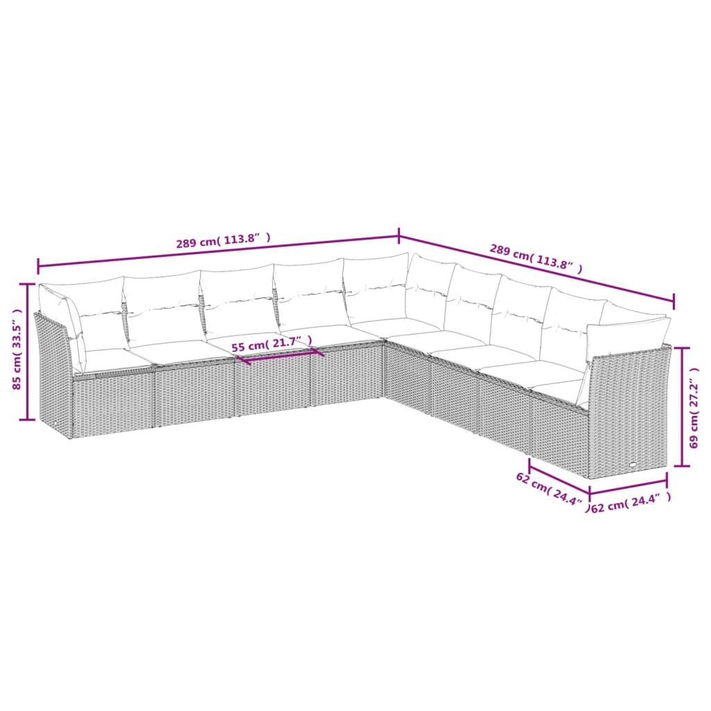 10-delige Loungeset met kussens poly rattan beige