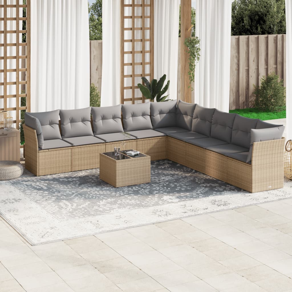 10-delige Loungeset met kussens poly rattan beige