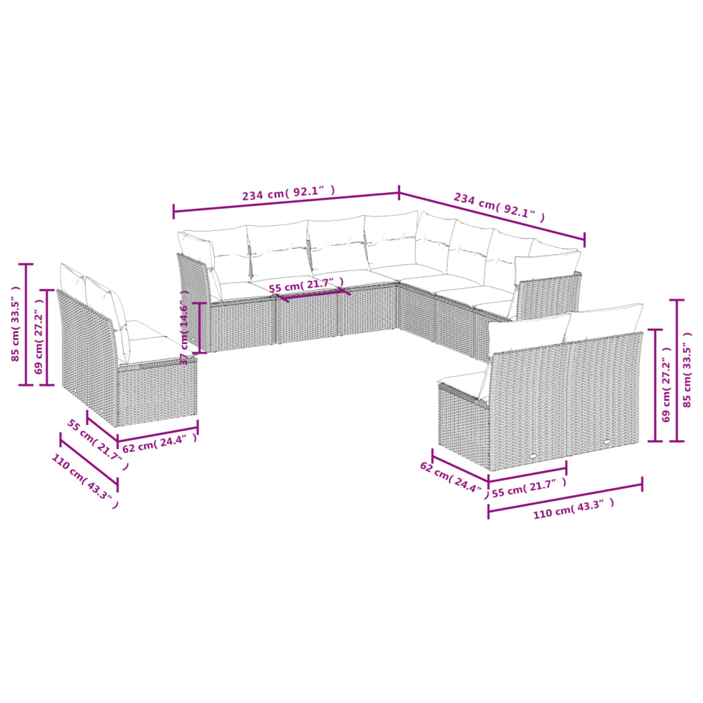 12-delige Loungeset met kussens poly rattan lichtgrijs