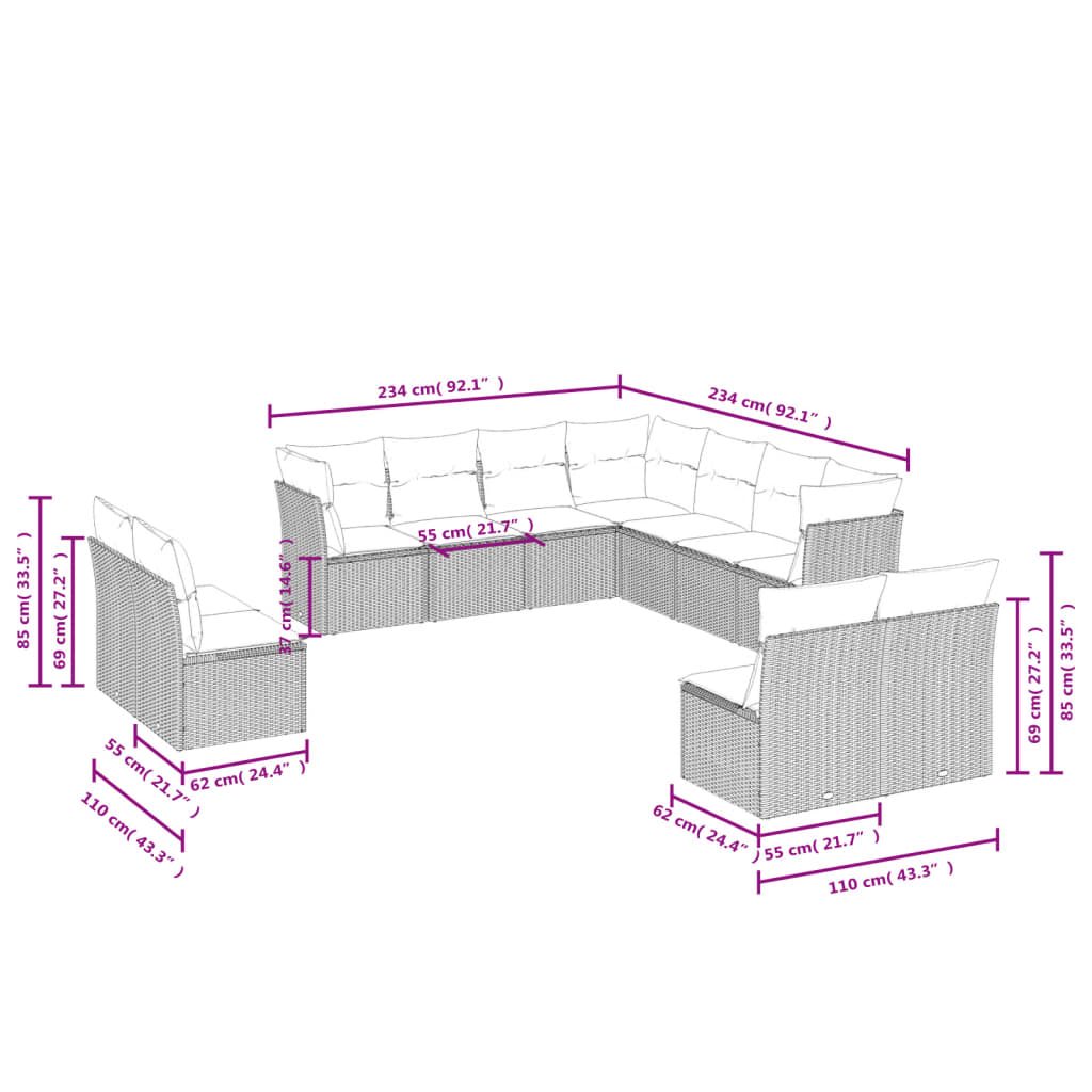 12-delige Loungeset met kussens poly rattan lichtgrijs