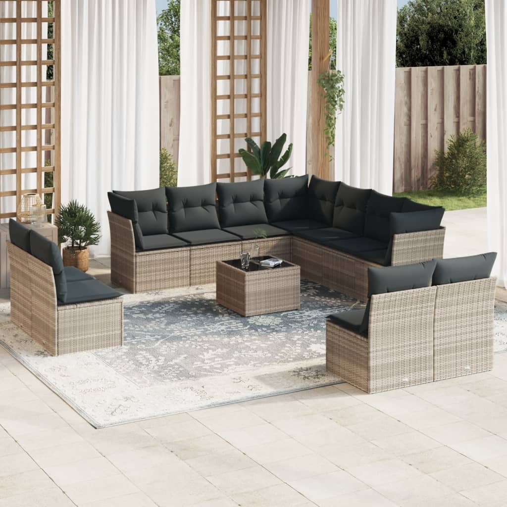 12-delige Loungeset met kussens poly rattan grijs