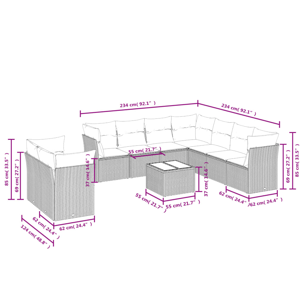 9-delige Loungeset met kussens poly rattan