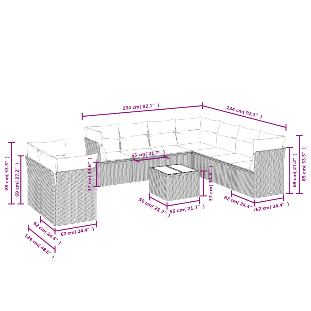 10-delige Loungeset met kussens poly rattan beige