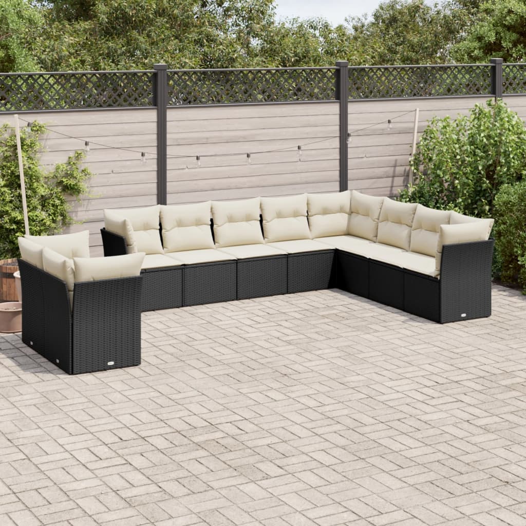 10-delige Loungeset met kussens poly rattan zwart