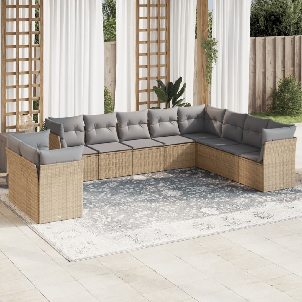 10-delige Loungeset met kussens poly rattan zwart