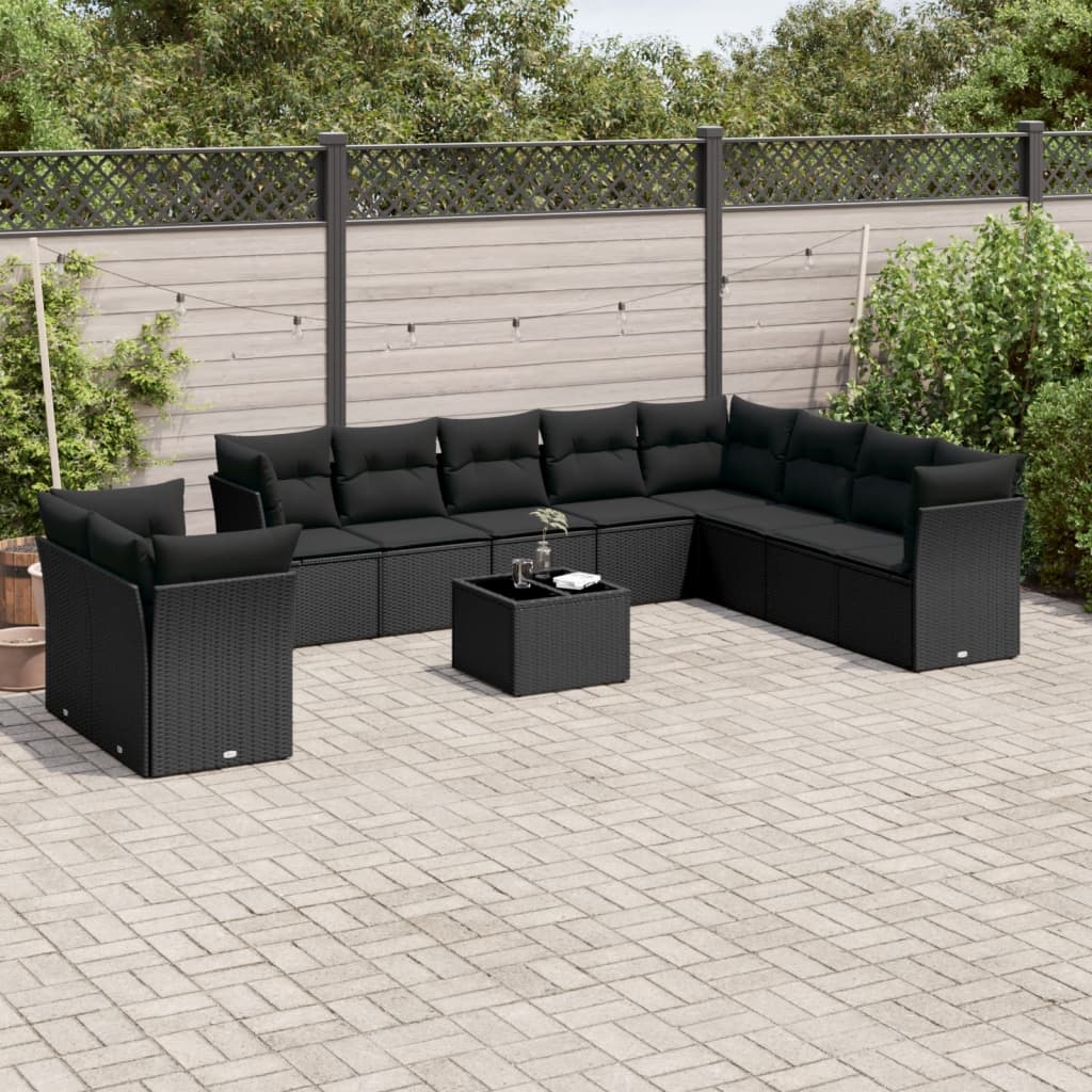 10-delige Loungeset met kussens poly rattan zwart