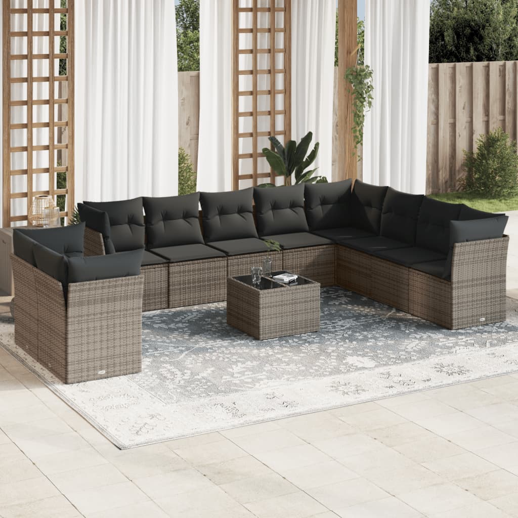 11-delige Loungeset met kussens poly rattan grijs