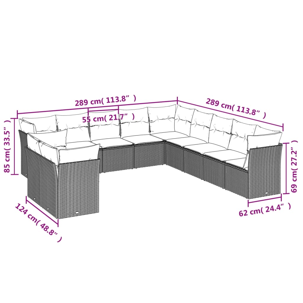 12-delige Loungeset met kussens poly rattan lichtgrijs