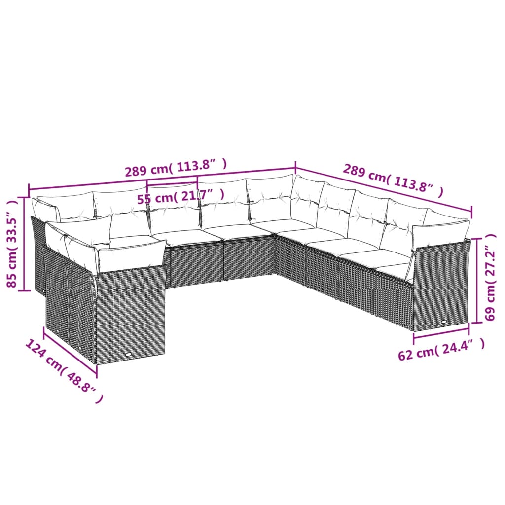 12-delige Loungeset met kussens poly rattan lichtgrijs