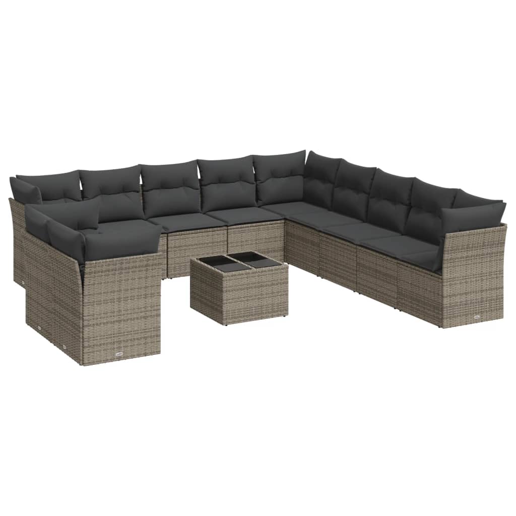 12-delige Loungeset met kussens poly rattan grijs