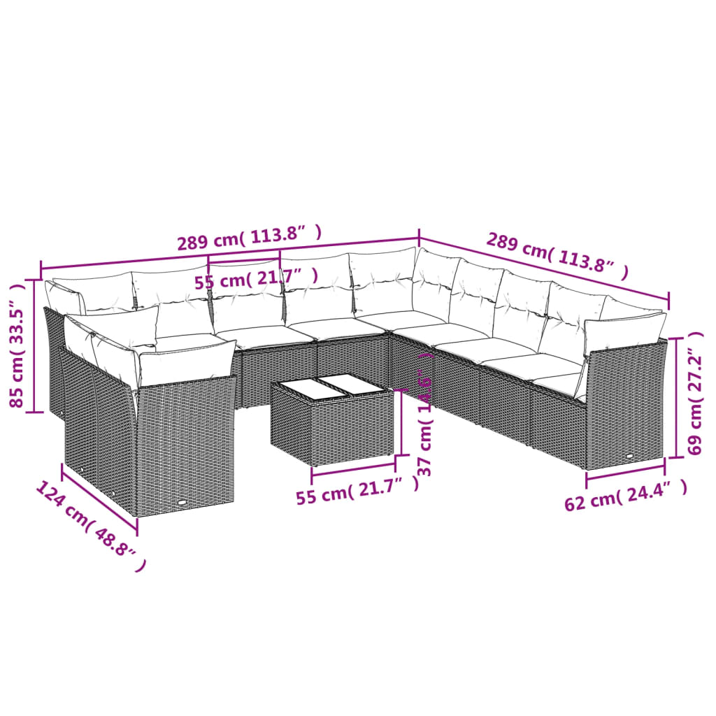 12-delige Loungeset met kussens poly rattan lichtgrijs